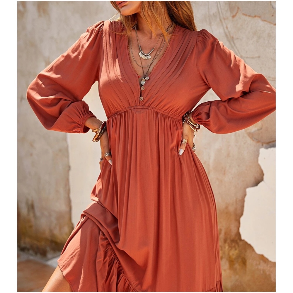 Boho Button Pleated Long Sleeve Maxi Dress - Picture 5 of 6